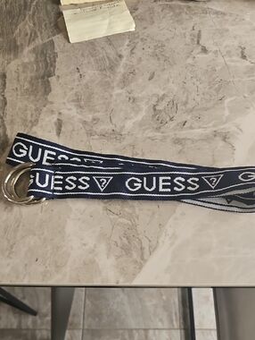 GUESS Navy and White Logo Web Belt with Double Ring Buckle